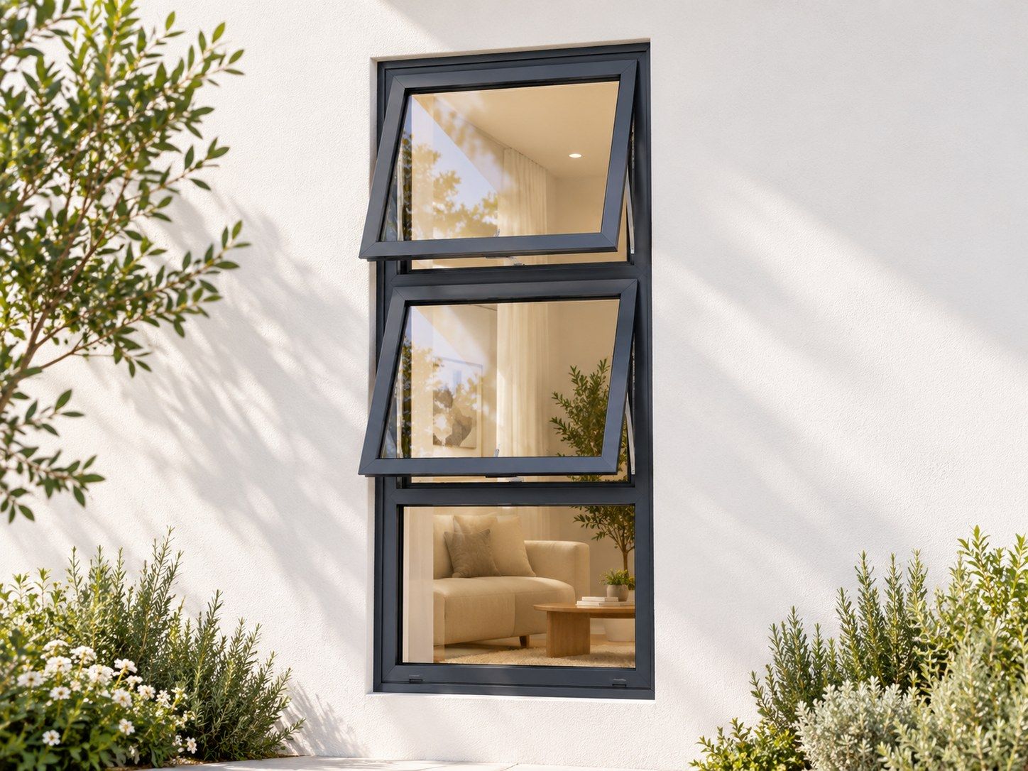 Kenzo Premium Top-Hung Aluminium Window - Charcoal, 900 1500 mm, Two Stacked Openers with Fixed Lower Pane, Clear Glass