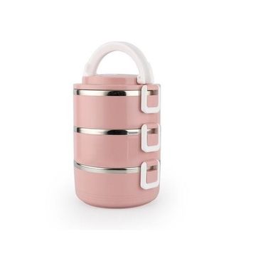 3 Layers Insulated Stainless Steel Lunch Box Food Container with Lock Clip - Pink