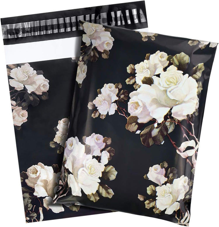 100 Black with White Roses Polymailers Packaging 25x33cm self-adhesive