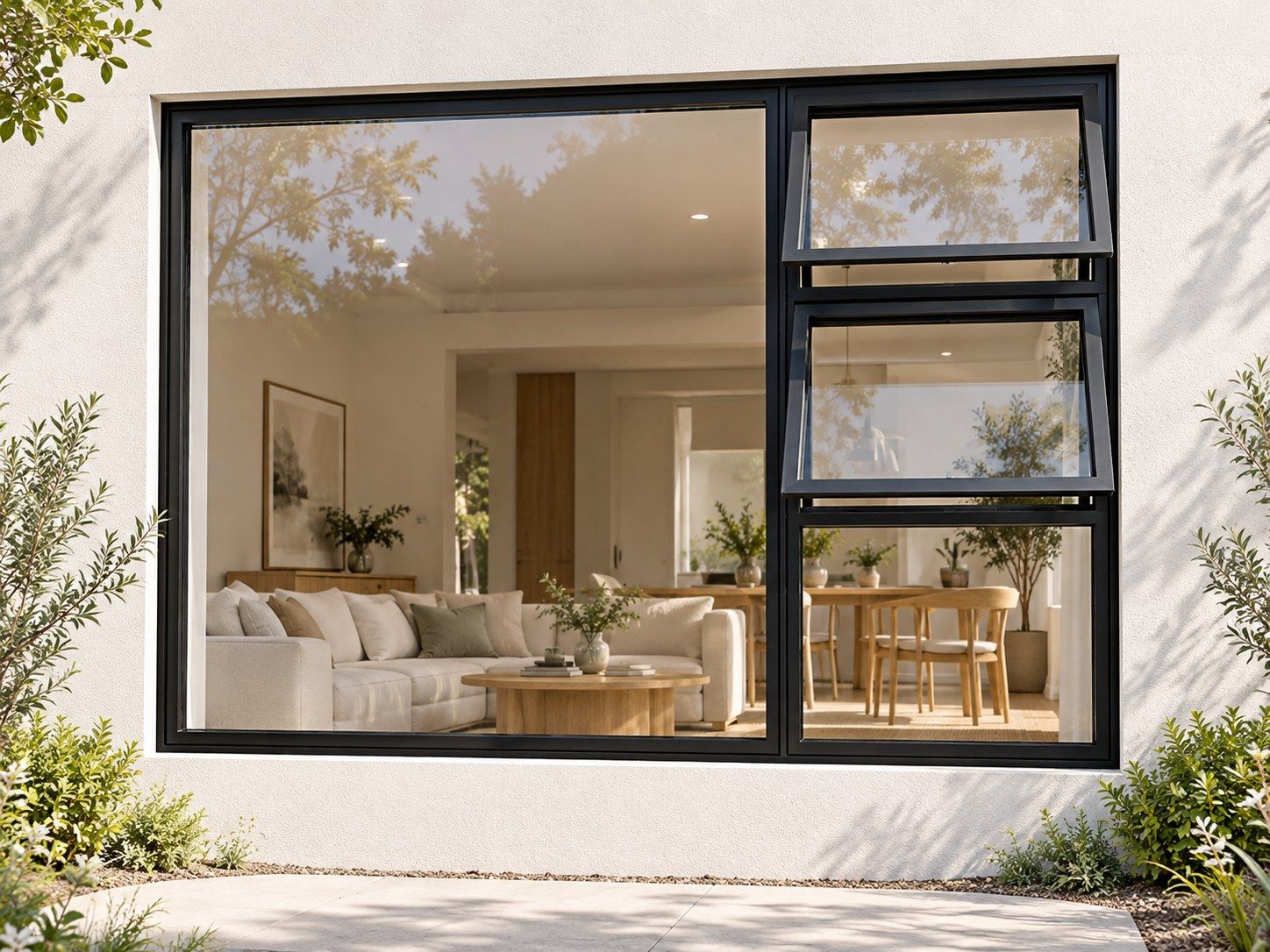 Kenzo Premium Top-Hung Aluminium Window - Black, 2400 1800 mm, Right Two Openers with Fixed Lower and Side Panes, Clear Glass