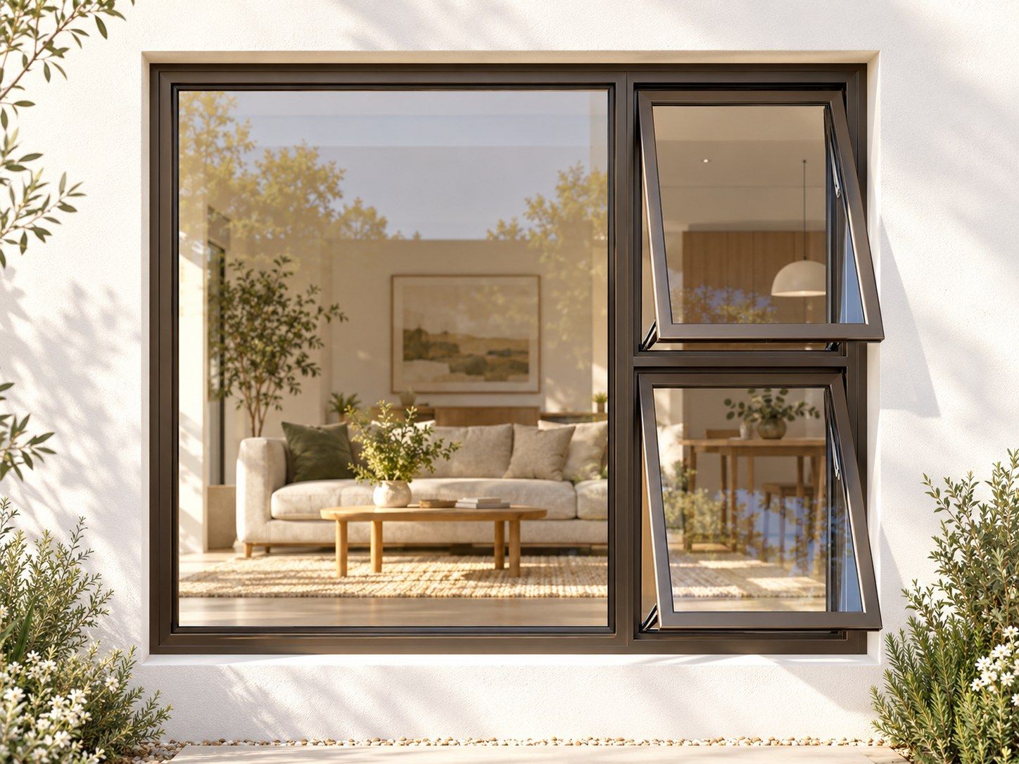 Kenzo Premium Top-Hung Aluminium Window - Bronze, 2100 1200 mm, Right Two Openers with Fixed Side Pane, Clear Glass