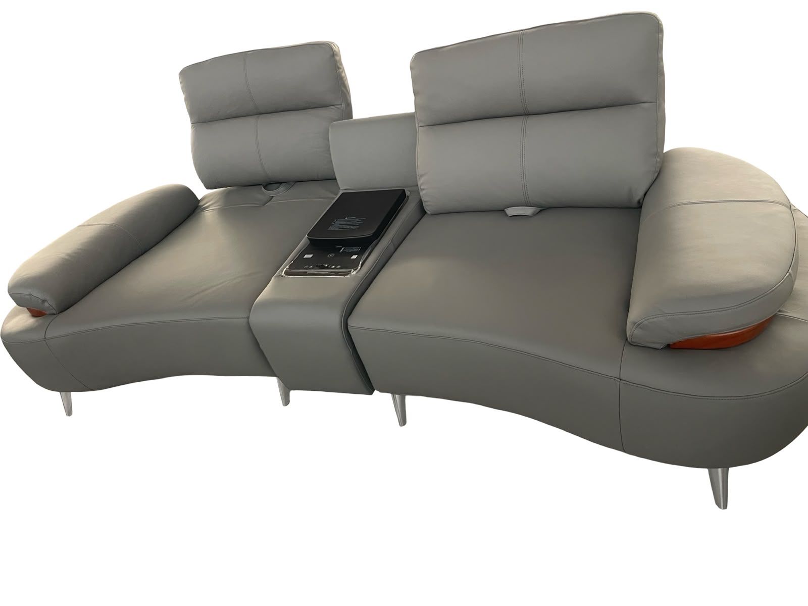 Modern Curved Leather Sectional Sofa with Wood Accents & Console- Grey