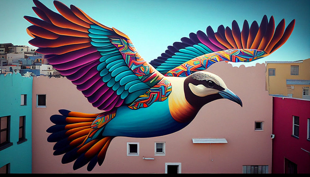 Canvas Wall Art - Flying Colourful Bird on Wall Graffitti - B1032 [120 x 80 cm]