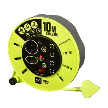 MASTERPLUG Pro-Xt Medium Duty 10m Extension Cable Reel - Closed - 4 Socket With LED Switch Thermal Cut Off Drum Wind Handle 1.5mm² High Viz Cable 5 Yr Warranty