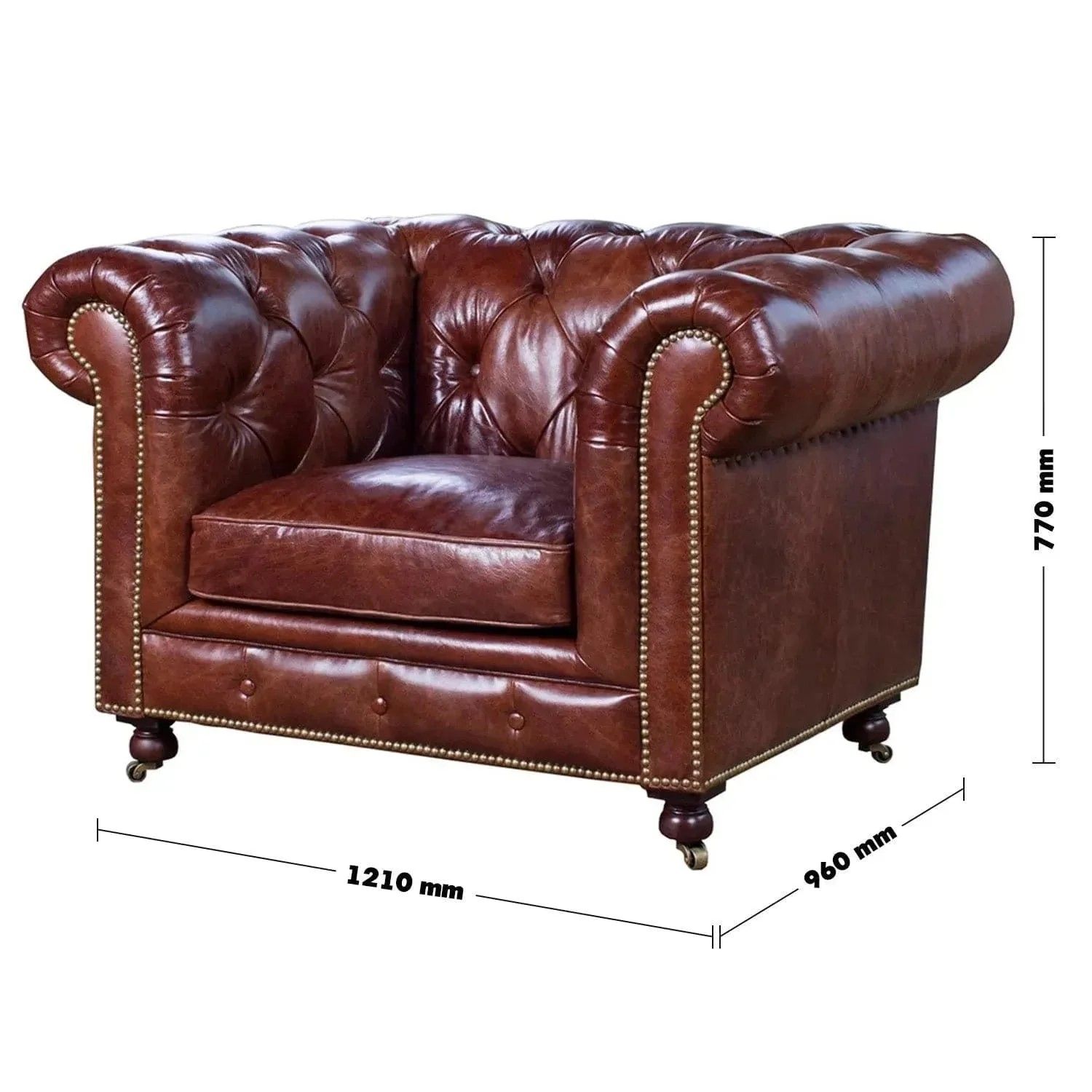 Fio Chesterfield Brown Euro Leather 1 Seater Sofa Couch (Medium-soft) - Dark Brown