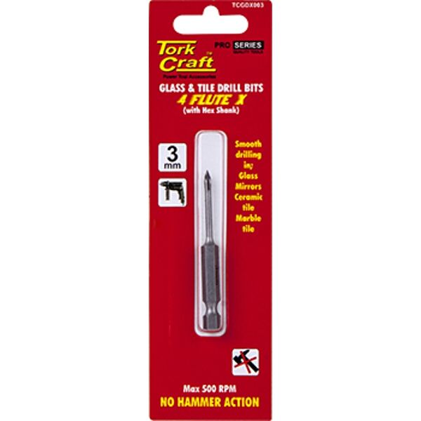 Glass & Tile Drill 3Mm 4 Flute With Hex Shank