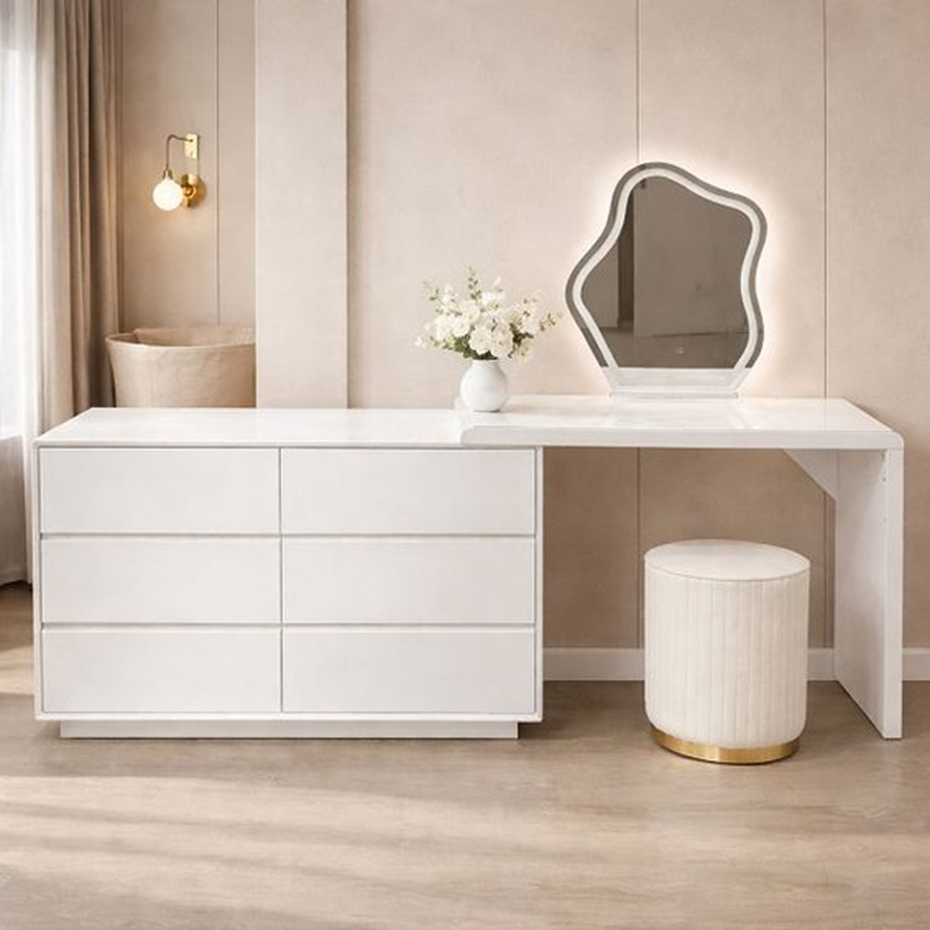 Madiega Furniture - 6 Drawer Adjustable Modern Vanity Dressing Table Set