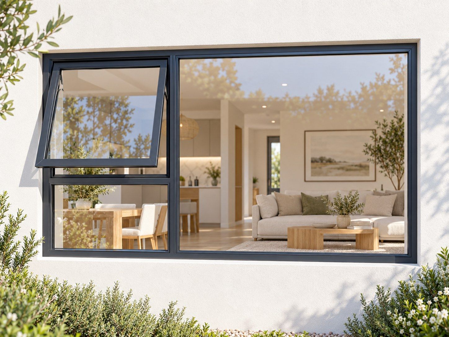 Kenzo Premium Top-Hung Aluminium Window - Charcoal, 1800 900 mm, Left Upper Opener with Fixed Lower and Side Panes, Clear Glass