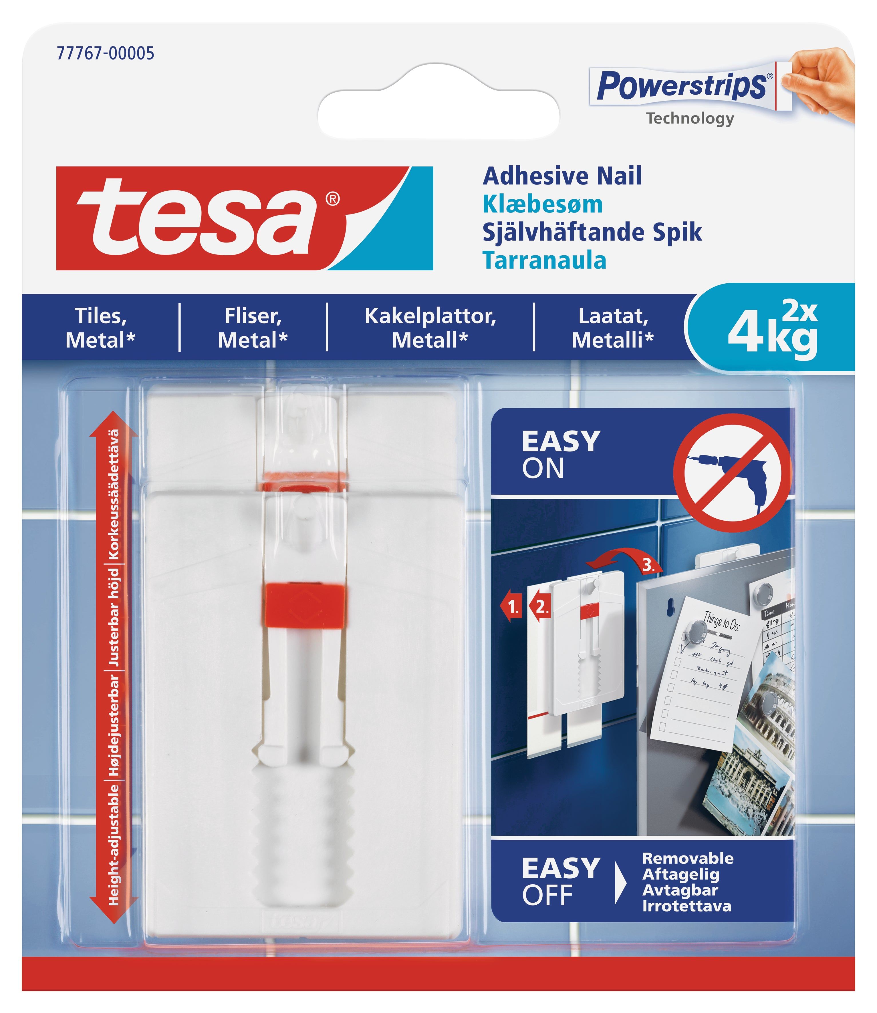 TESA Adhesive Nail Adjustable 2x4kg - Smooth And Solid Indoor Surfaces - Tiles and Metal