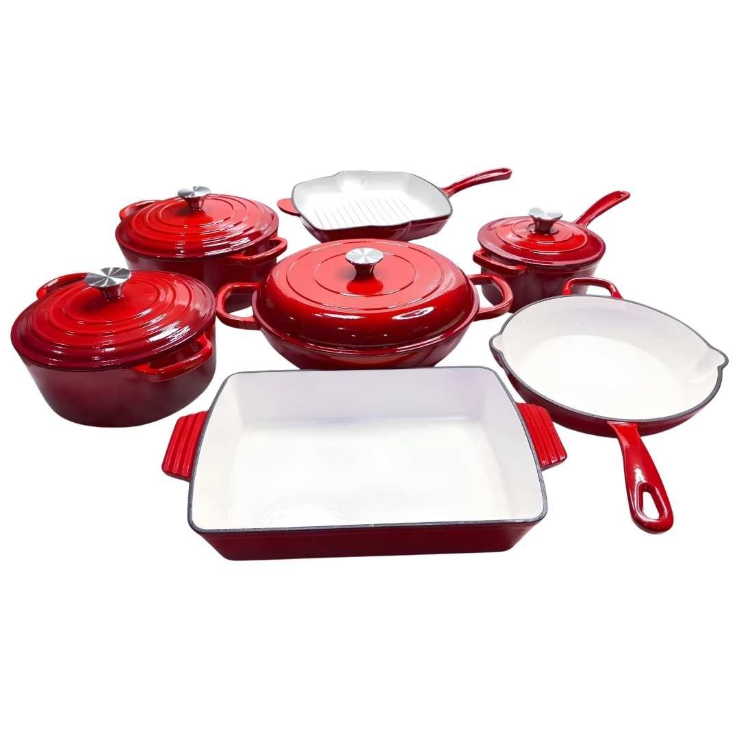 11-Piece Enameled Cast Iron Cookware Set – Non-Stick Dutch Ovens, Frying Pans, Grill Pan & Roaster (Vibrant Orange)