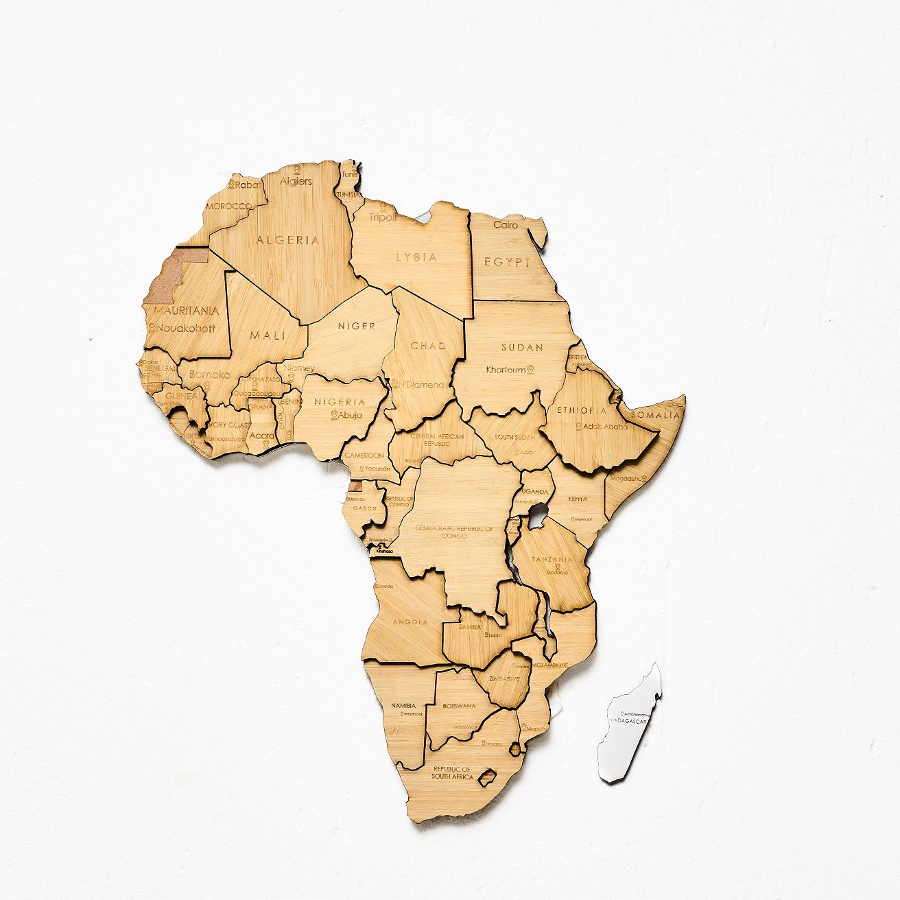 3D Wooden Africa map - Natural Bamboo Finish