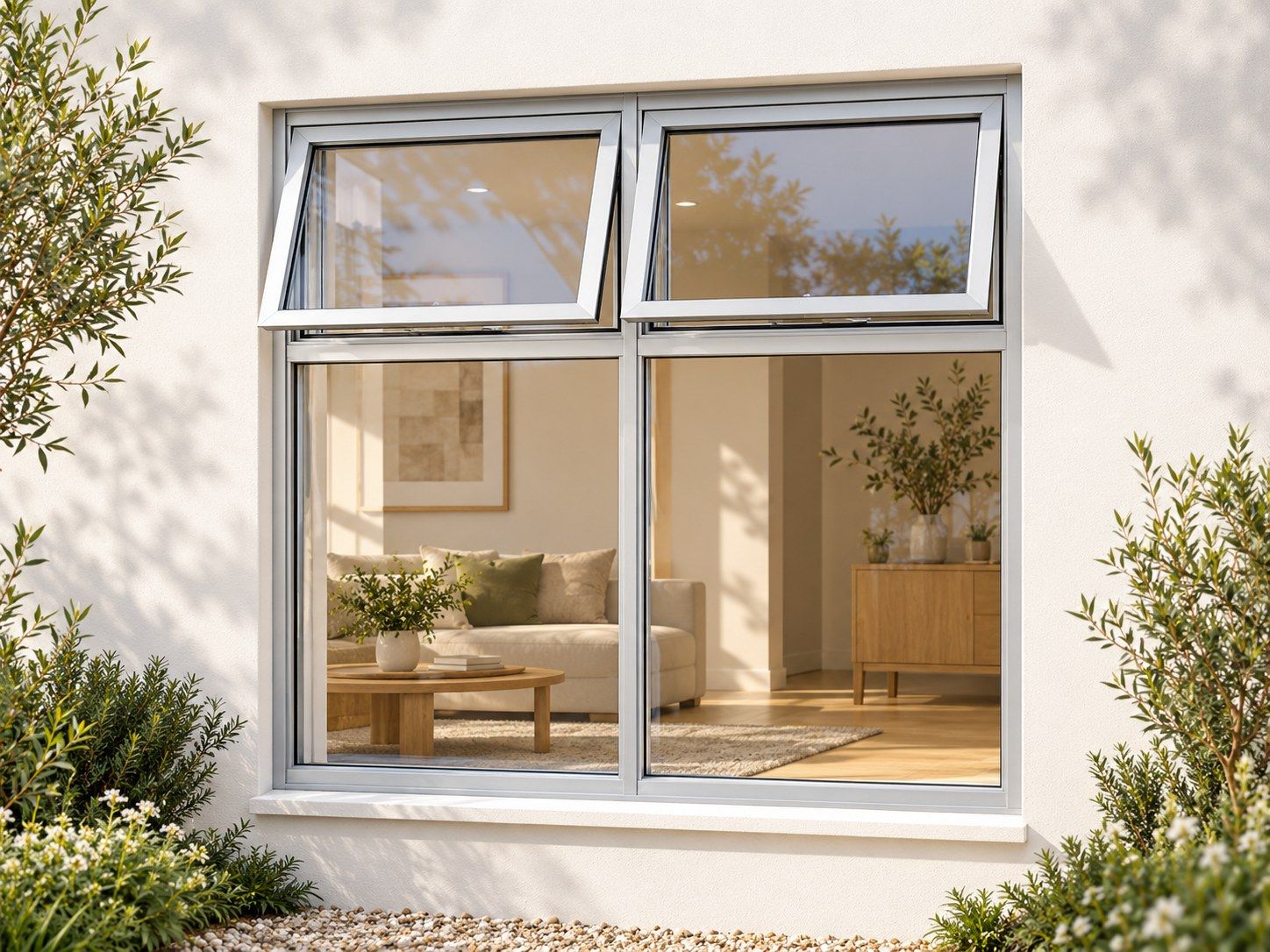 Kenzo Premium Top-Hung Aluminium Window - Silver, 1500 1500 mm, Two Upper Openers with Fixed Lower Panes, Clear Glass