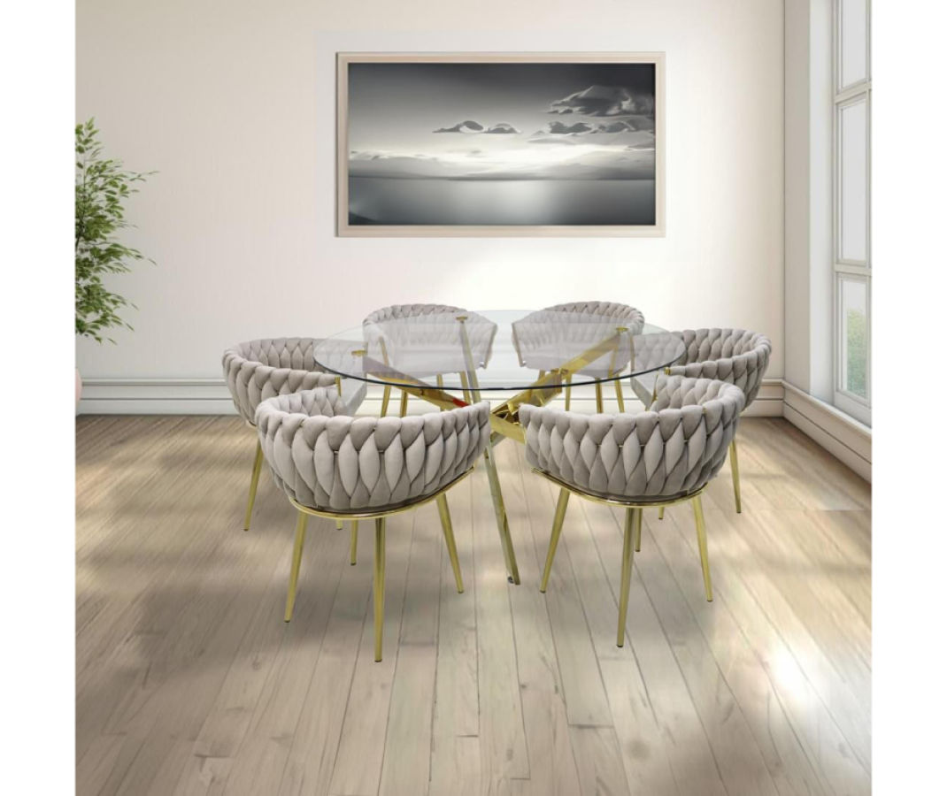 MM19 Clear glass 6 Seater Set Dining Table with Velvet Chairs also in Beige