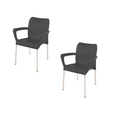 Heavy Duty Plastic Stacking Chair – Bistro Design with Armrests - Charcoal - Set of 2