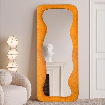 Full Length Standing Mirror 55 x 170cm Irregular Wavy Mirror - with Boucle Fabrics - Orange