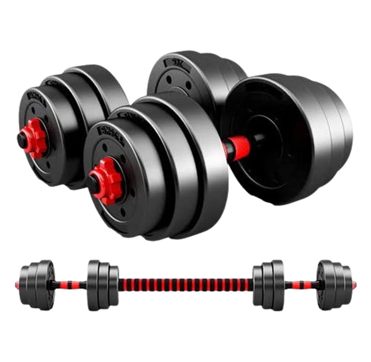 Adjustable rubber barbell and dumbell weight set