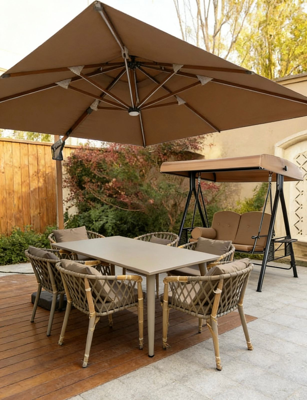 Outdoor Patio Umbrella,2 Seater Swing Chair and a 6 Seater Outdoor Dinning Set.