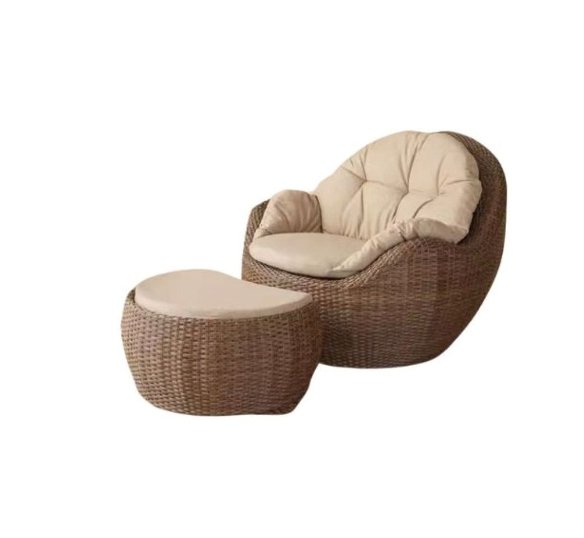 Outdoor Patio Lounge Chair and Ottoman Set, Woven Rattan, Beige Cushions