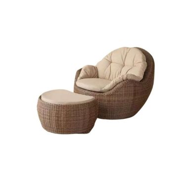Outdoor Patio Lounge Chair and Ottoman Set, Woven Rattan, Beige Cushions