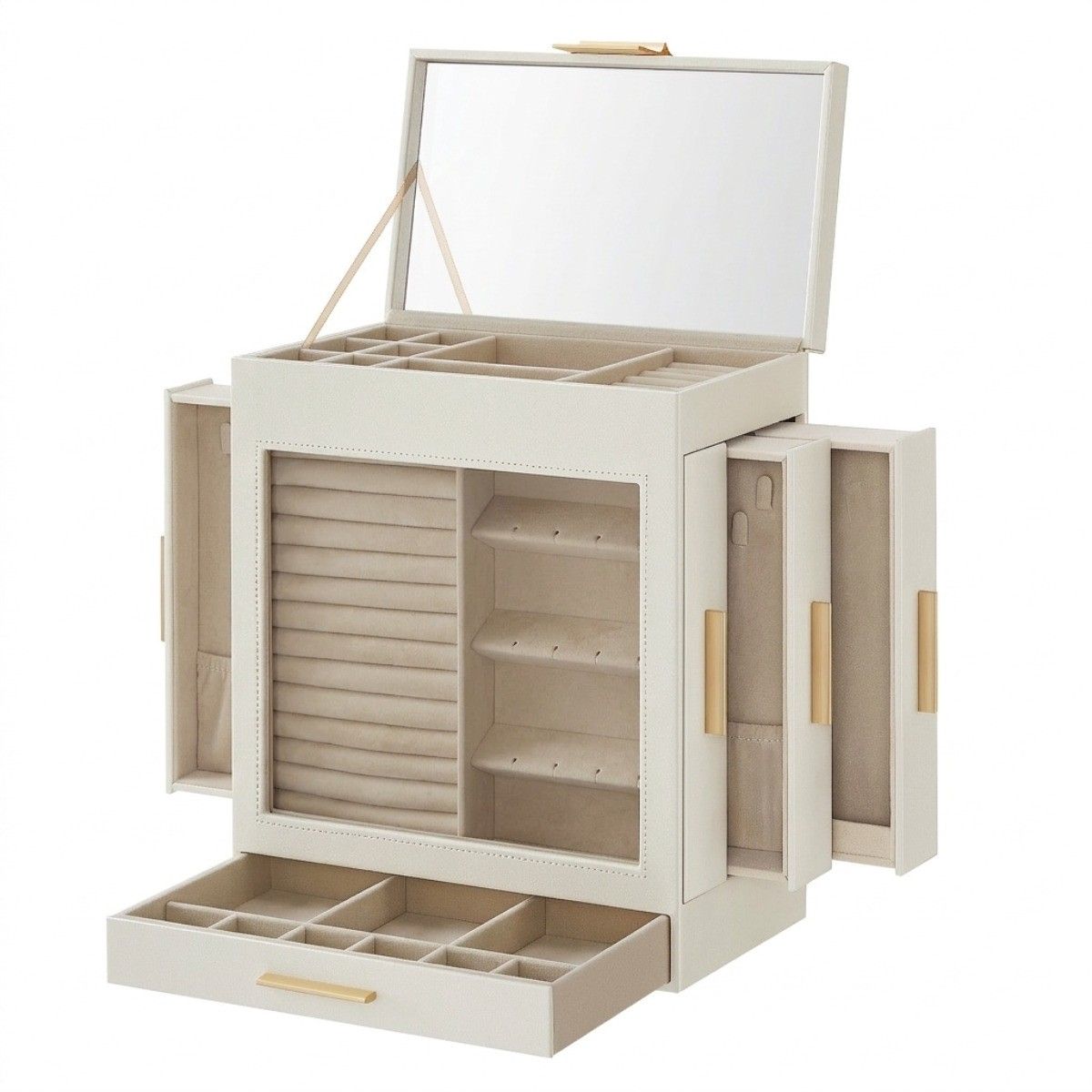 5 Layer Jewelry Box Organizer with 3 Side Drawers & Large Mirror