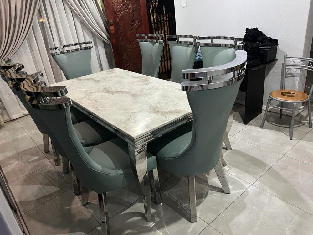 8 Seater Dining Glass Table and Steel Chairs