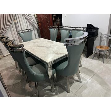 8 Seater Dining Glass Table and Steel Chairs