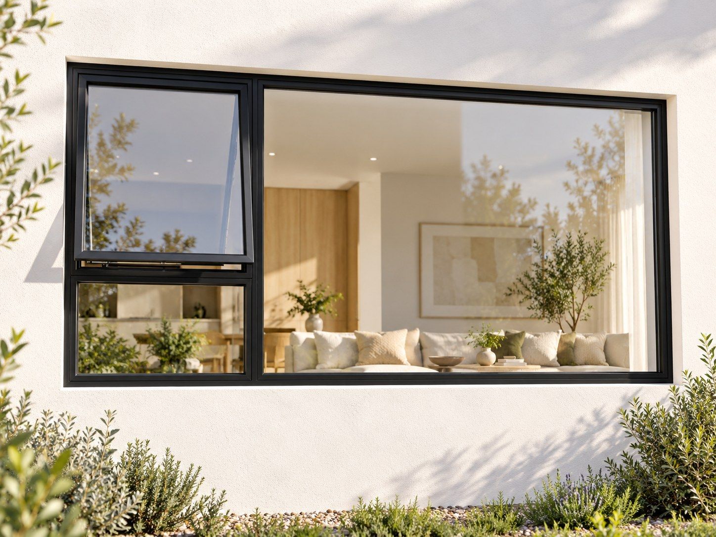 Kenzo Premium Top-Hung Aluminium Window - Black, 2100 900 mm, Left Upper Opener with Fixed Lower and Side Panes, Clear Glass