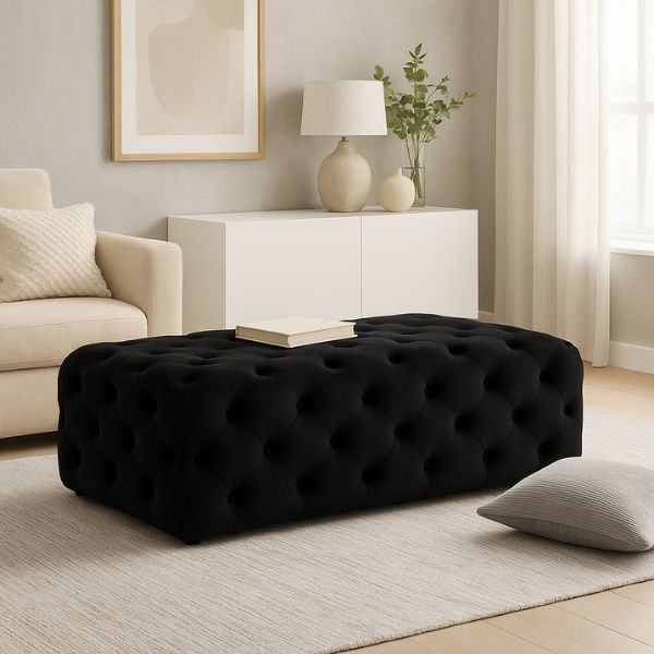 Clark Rec Velvet Upholstered Ottoman Bench Small Black
