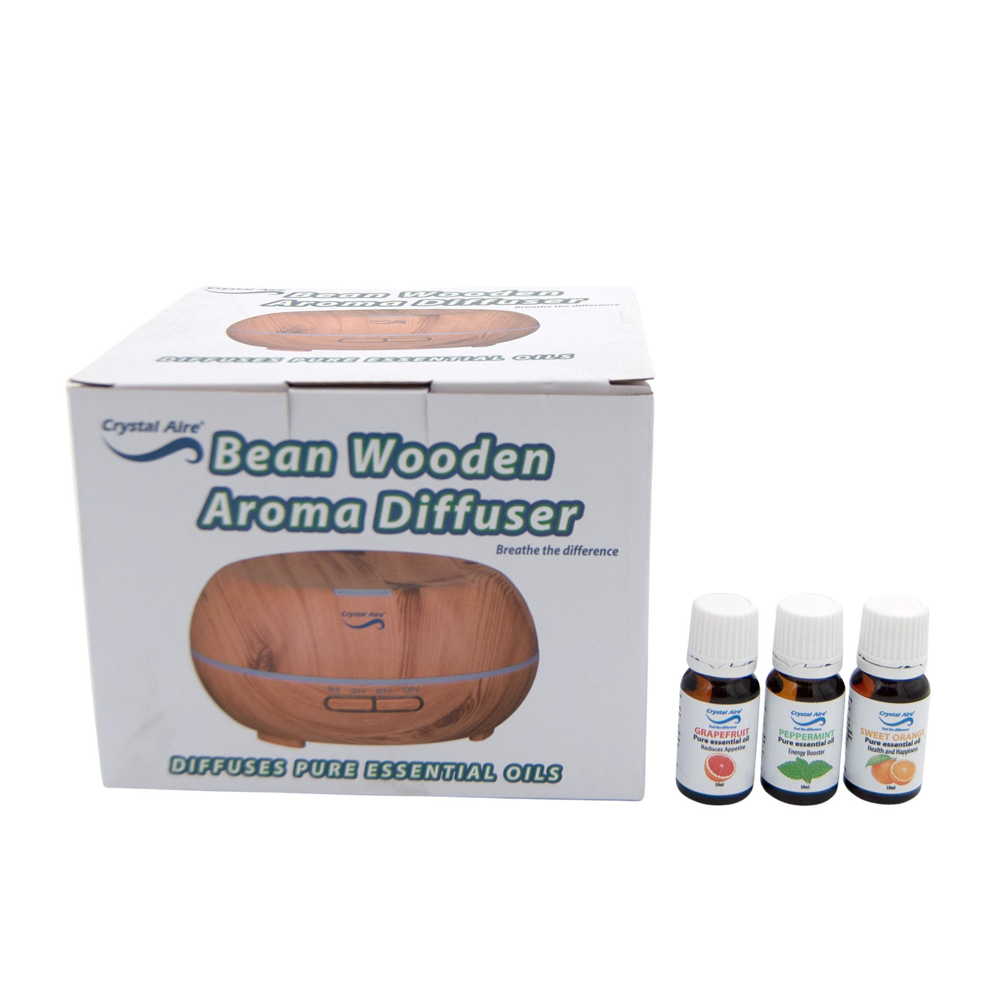 Crystal Aire Bean Diffuser Bundle with Sweet Orange, Grapefruit and Peppermint essential oils