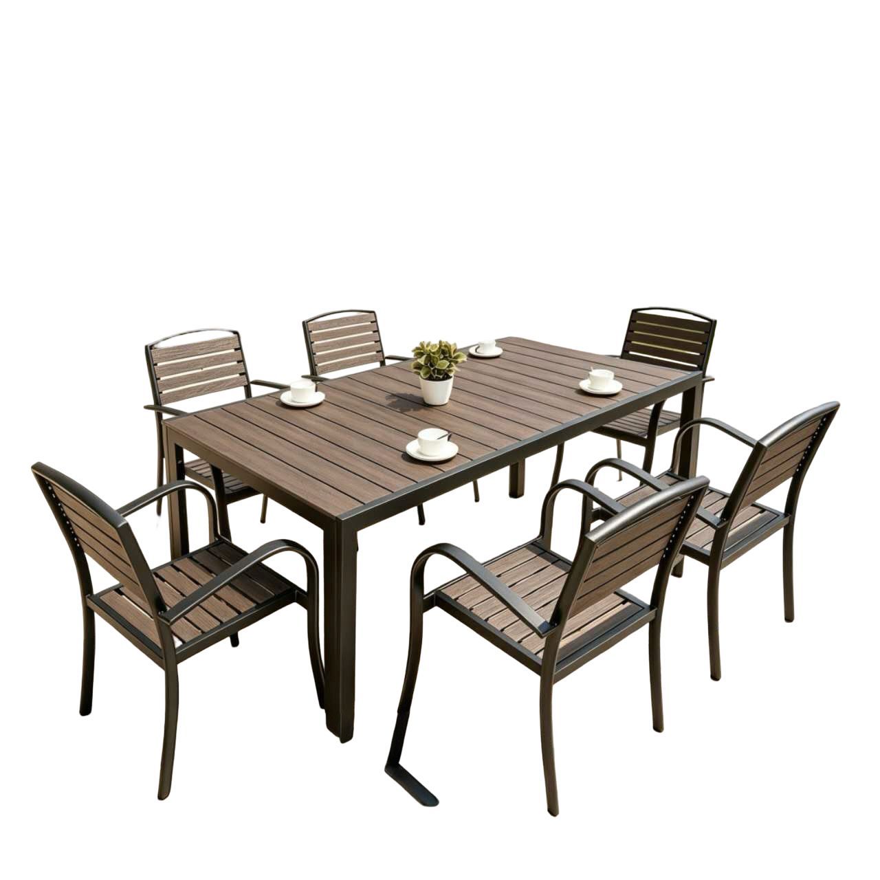 7-Piece Outdoor Polywood Dining Set with 6 Armchairs and Metal Frame Table