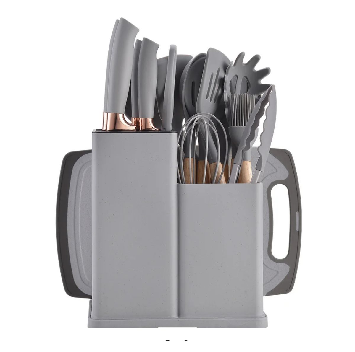 19 Piece Silicone Kitchen Set with Knives, Cutting Board and Storage Rack - Grey