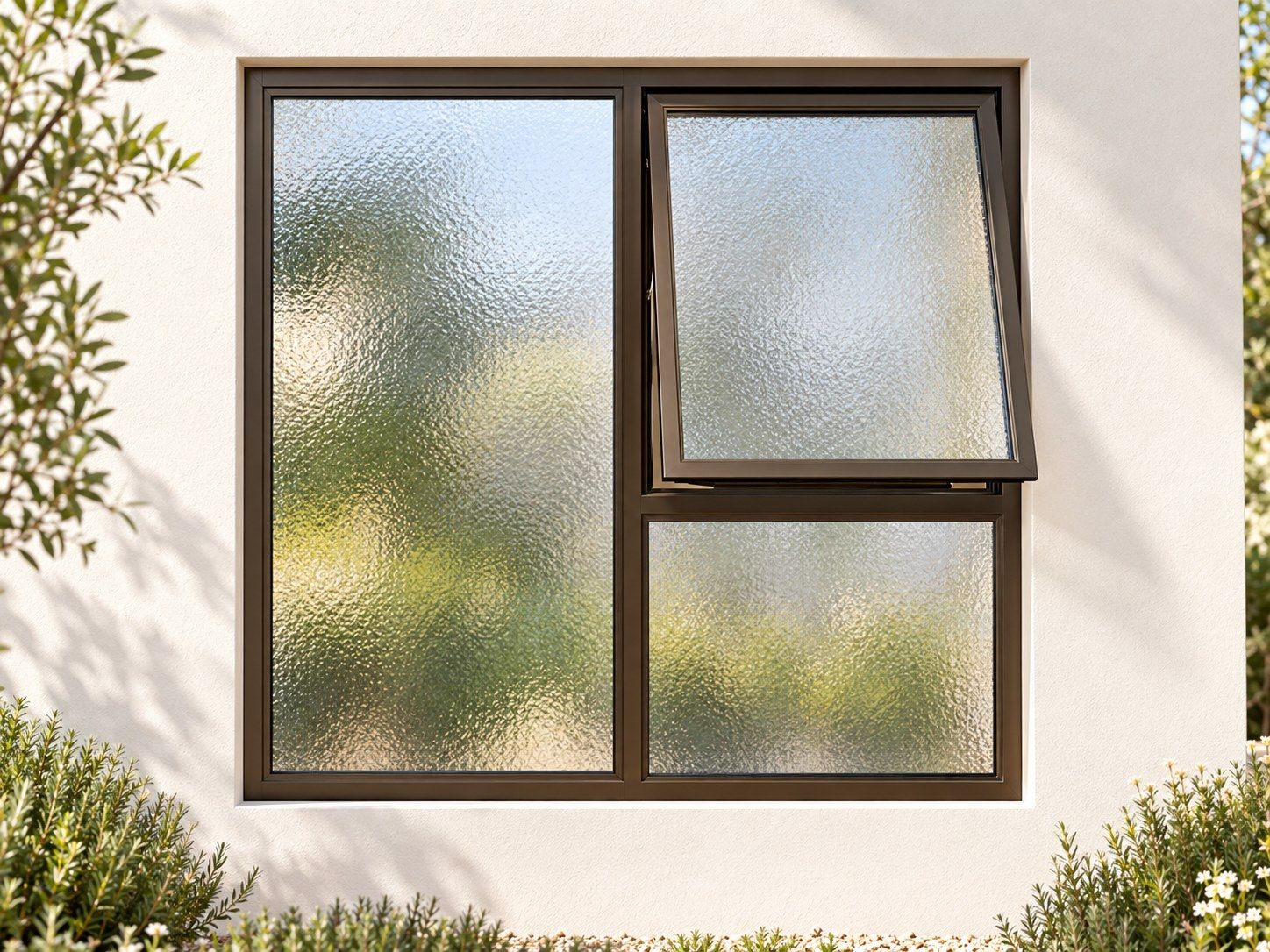 Kenzo Premium Top-Hung Aluminium Window - Bronze, 1200 900 mm, Right Upper Opener with Fixed Lower and Side Panes, Obscure Safety Glass