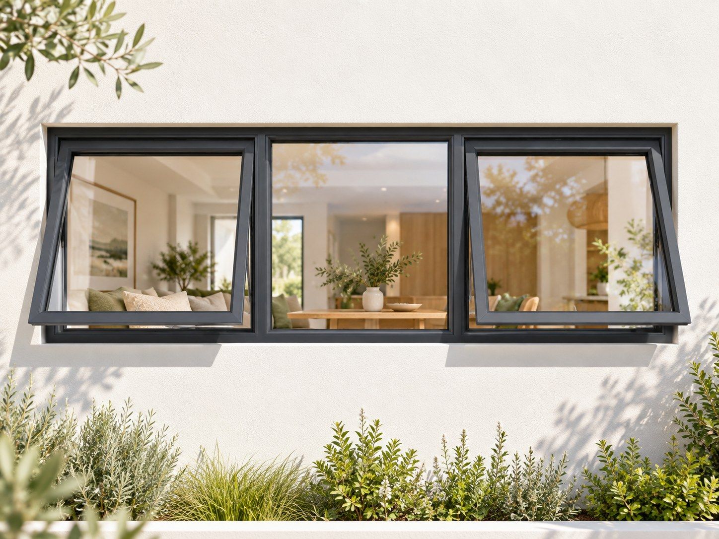 Kenzo Premium Top-Hung Aluminium Window - Charcoal, 1800 600 mm, Two Outer Openers with Fixed Centre, Clear Glass