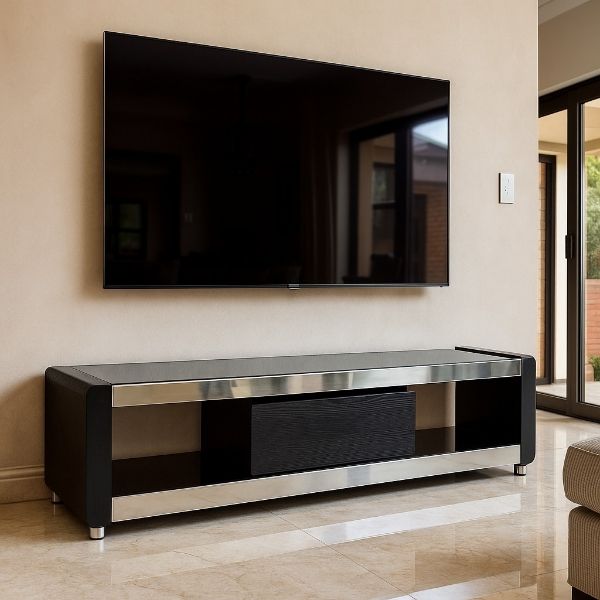 KC FURN – 180cm Black Glasstop TV Stand with 1 Drawer