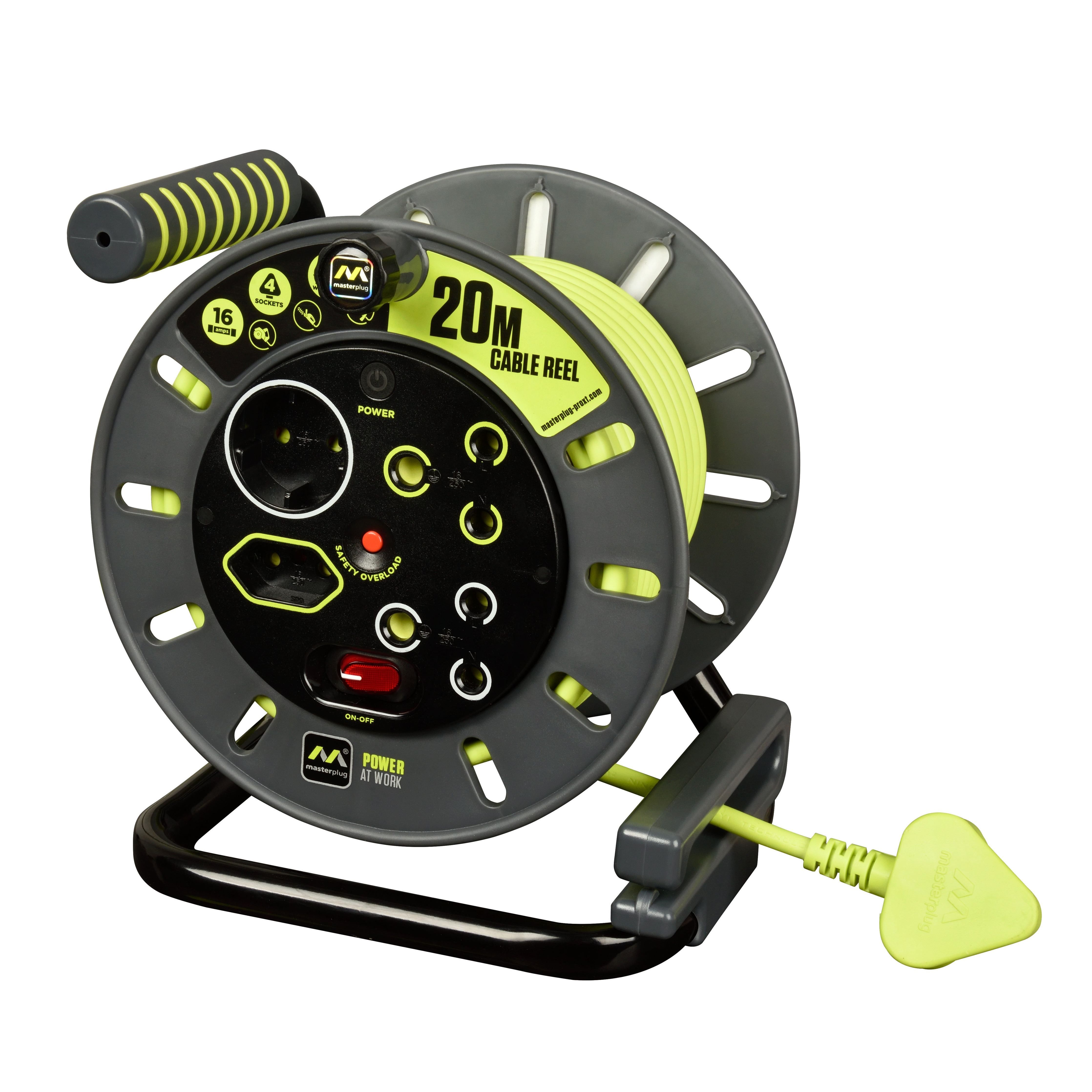 MASTERPLUG Pro-Xt Medium Duty 20m Extension Cable Reel - Open - 4 Socket With LED Switch Thermal Cut Off Drum Wind Handle 1.5mm² High Viz Cable 5 Yr Warranty