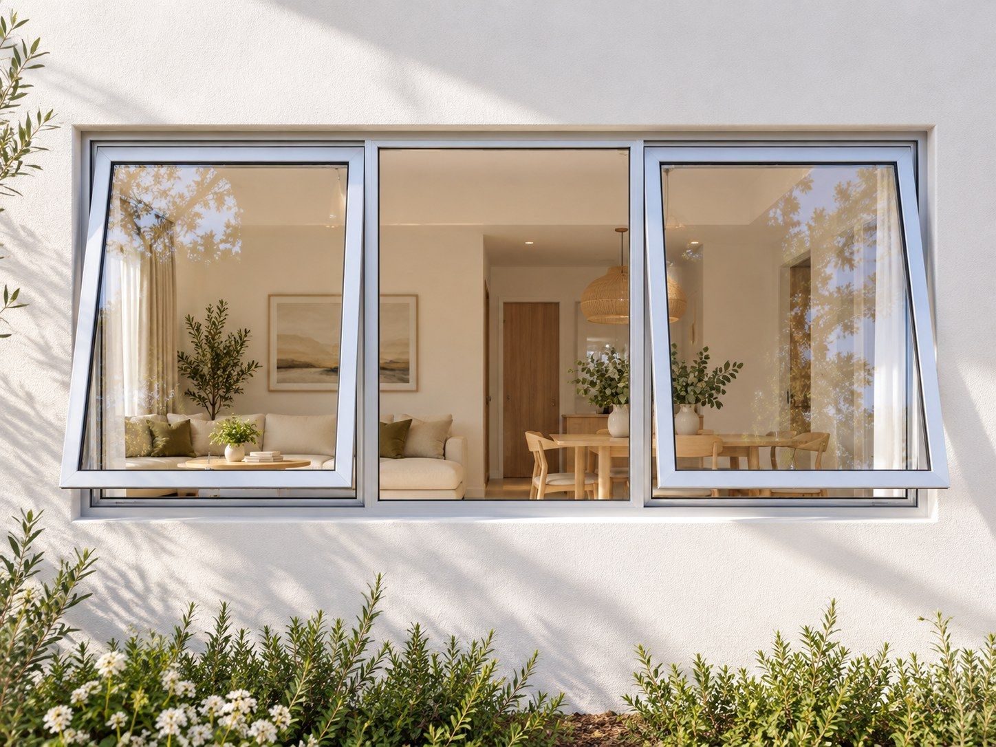 Kenzo Premium Top-Hung Aluminium Window - Silver, 1500 600 mm, Two Outer Openers with Fixed Centre, Clear Glass