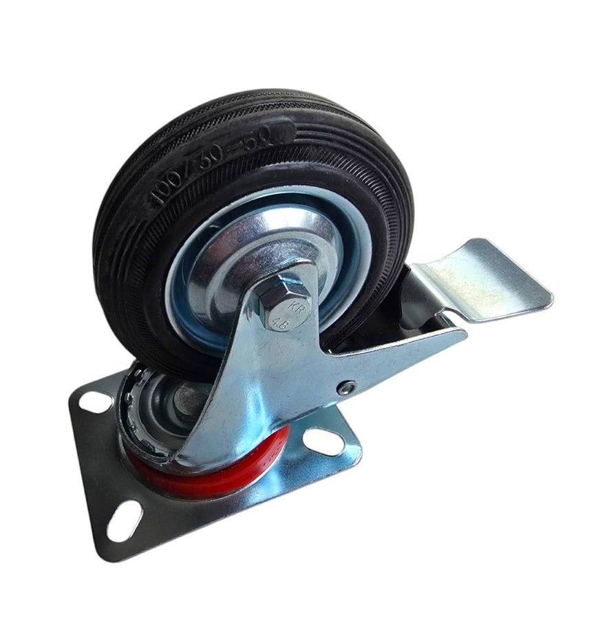 Trolley Wheel - Castor Wheel Rubber 100mm - Swivel - Galvanised Steel Plate - With BRAKE