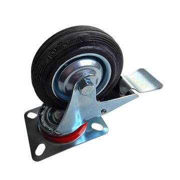 Trolley Wheel - Castor Wheel Rubber 100mm - Swivel - Galvanised Steel Plate - With BRAKE