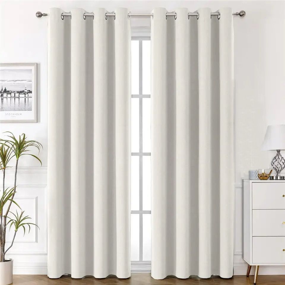 Dot Readymade Faux Linen 100% Blackout Eyelet Curtains - Cream White - 400 W x 220 L cm