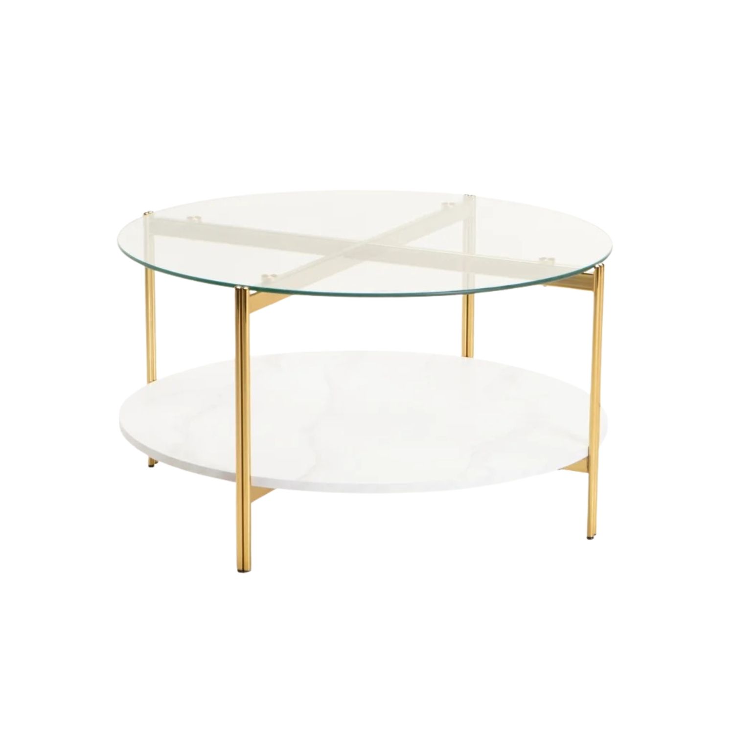 80cm Round Glass Coffee Table with Gold Legs - Gold/White Marble