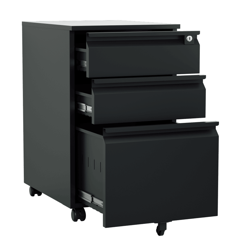 Steel 3 Drawer Swan Handle Mobile Pedestal Filing Cabinet Locker - Black