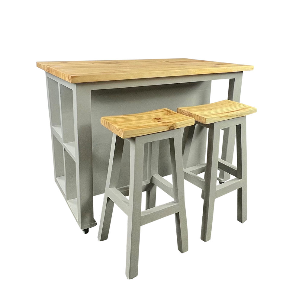Struisbaai Solid Wood Stone-Haze Kitchen Island – with Lockable Wheels, Shelves and Bar Table / Wooden Kitchen Trolley