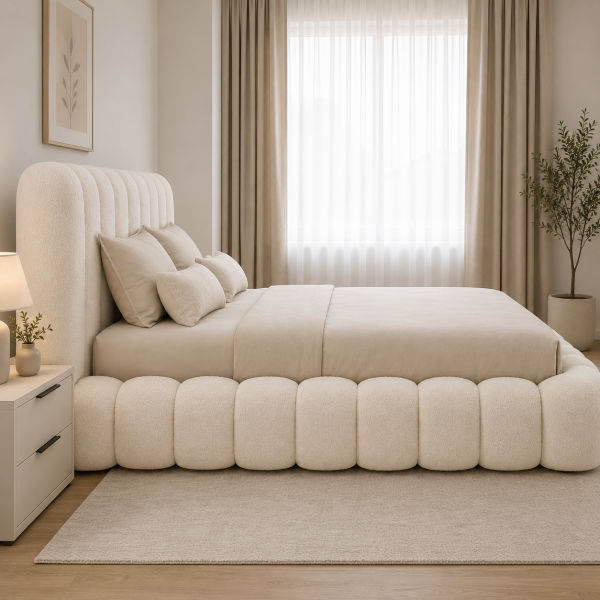 Califia Furniture Queen Cream Bouclé Upholstered Bed Frame with Rounded Panel Headboard