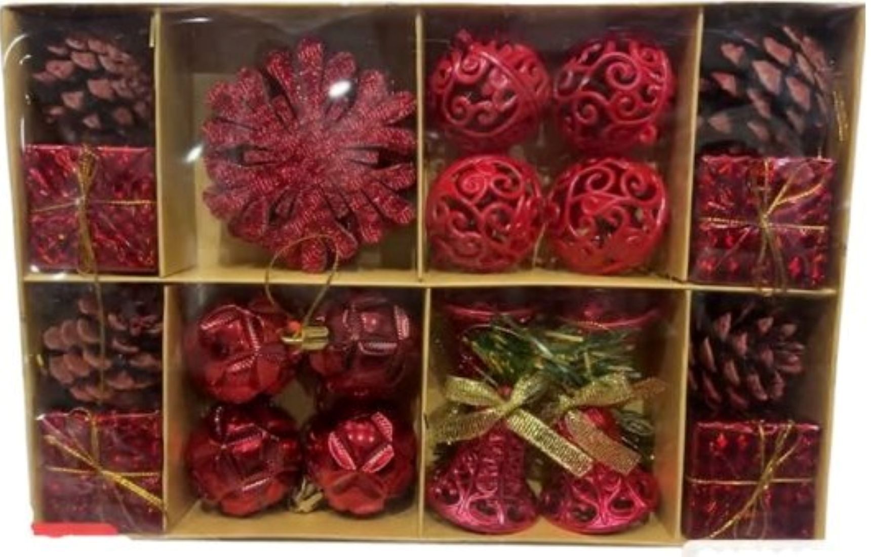 Decorative Christmas Ornaments Set, 24 Pieces, Assorted Designs-Red