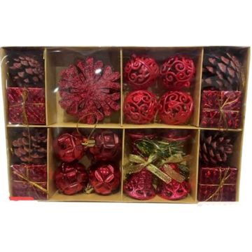 Decorative Christmas Ornaments Set, 24 Pieces, Assorted Designs-Red