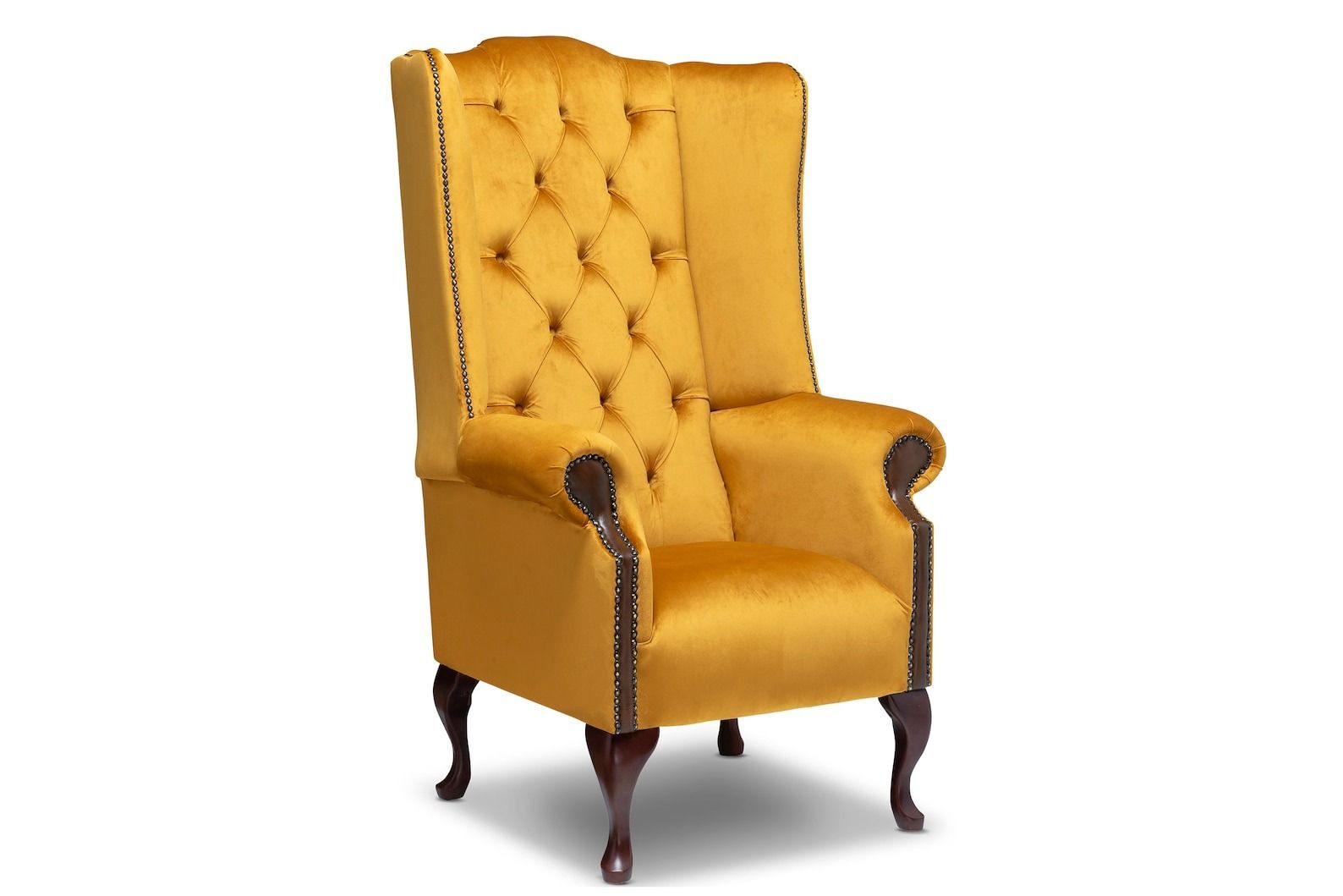 Chesterfield Extra High Back Wing Chair in Mustard Soft Velvet & Brown Leather