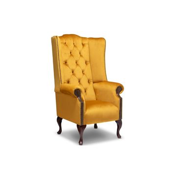 Chesterfield Extra High Back Wing Chair in Mustard Soft Velvet & Brown Leather