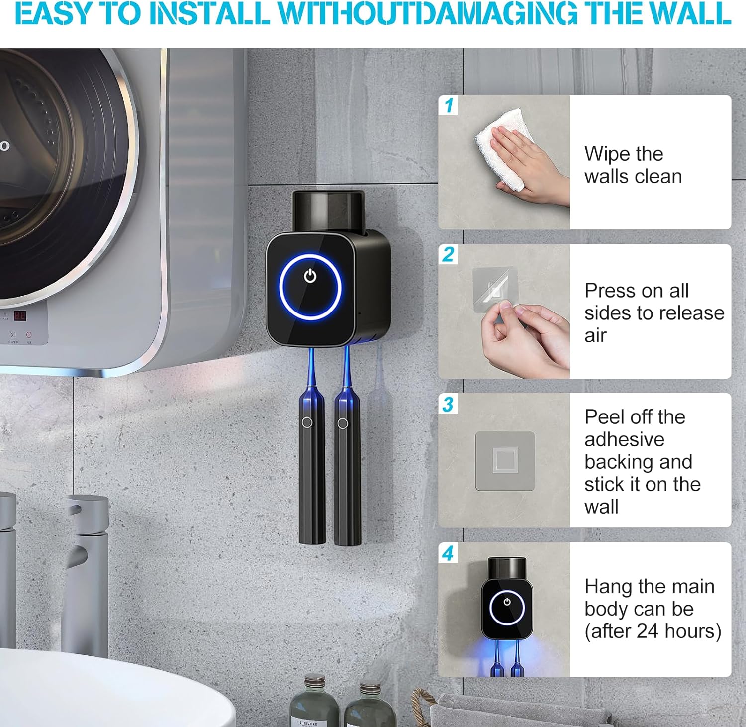 Electric Toothbrush Wall Mounted Sterilizer & Holder with Cup – USB Rechargeable (BLACK/WHITE)