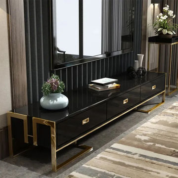 KC FURN-Jocise 3 Drawers TV Stand with Gold Frame, (Black)