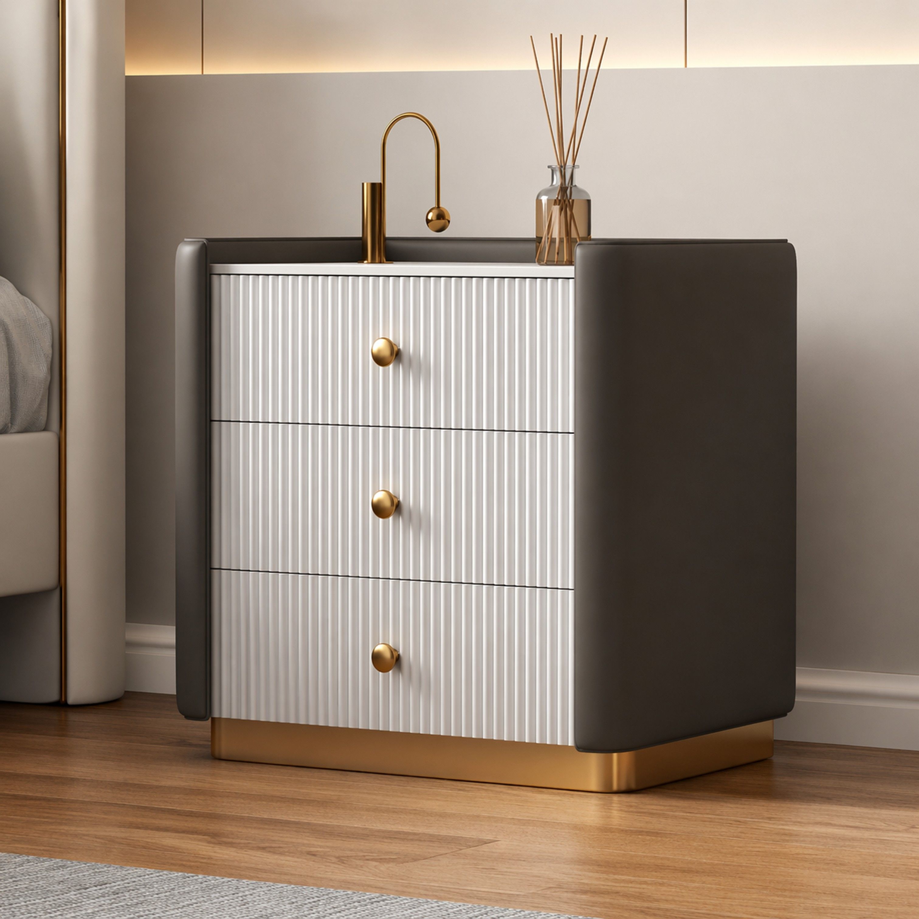Madiega Furniture - Modern Fluted 3-Drawer Nightstand with Gold Base and Upholstered Frame